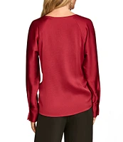 Donna Karan Hammered Satin V-Neck Long Sleeve Popover Blouse