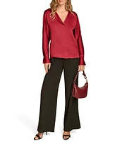 Donna Karan Hammered Satin V-Neck Long Sleeve Popover Blouse