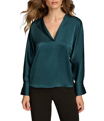 Donna Karan Hammered Satin V-Neck Long Sleeve Top