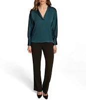 Donna Karan Hammered Satin V-Neck Long Sleeve Top