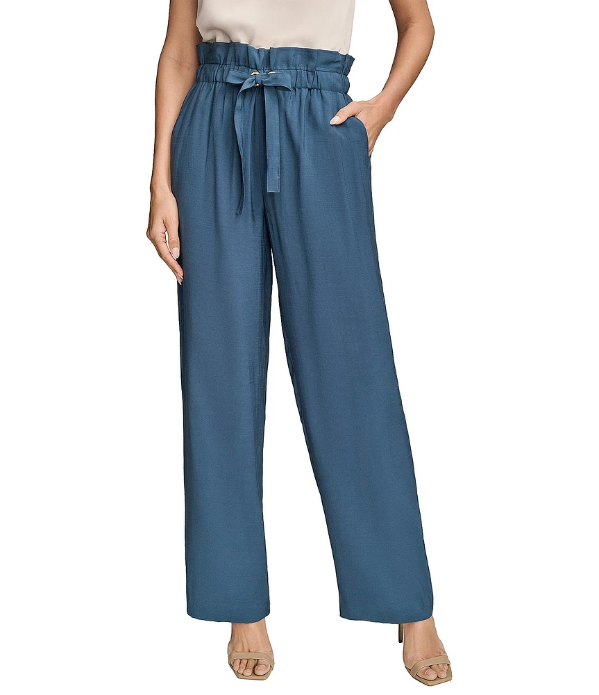 Donna Karan High Rise Front Tie String Belt Wide Leg Pants