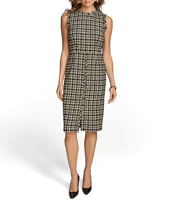 Donna Karan Houndstooth Metallic Tweed Crew Neck Sleeveless Sheath Dress