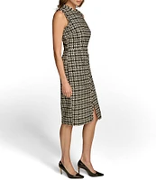 Donna Karan Houndstooth Metallic Tweed Crew Neck Sleeveless Sheath Dress