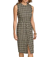 Donna Karan Houndstooth Metallic Tweed Crew Neck Sleeveless Sheath Dress