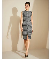 Donna Karan Houndstooth Metallic Tweed Crew Neck Sleeveless Sheath Dress