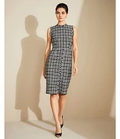 Donna Karan Houndstooth Metallic Tweed Crew Neck Sleeveless Sheath Dress