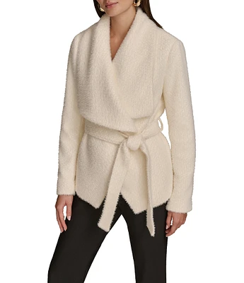 Donna Karan Jacquard Shawl Collar Long Sleeve Tie Waist Wrap Jacket