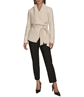 Donna Karan Jacquard Shawl Collar Long Sleeve Tie Waist Wrap Jacket