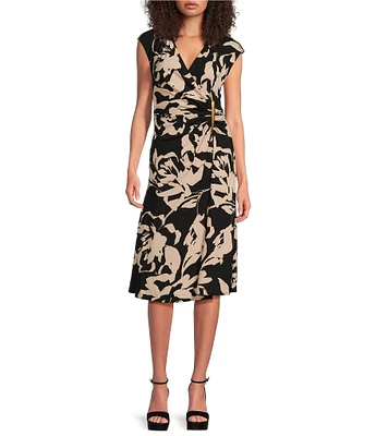 Donna Karan Jersey V-Neck Sleeveless Ruched Gold Broach Midi Sheath Dress