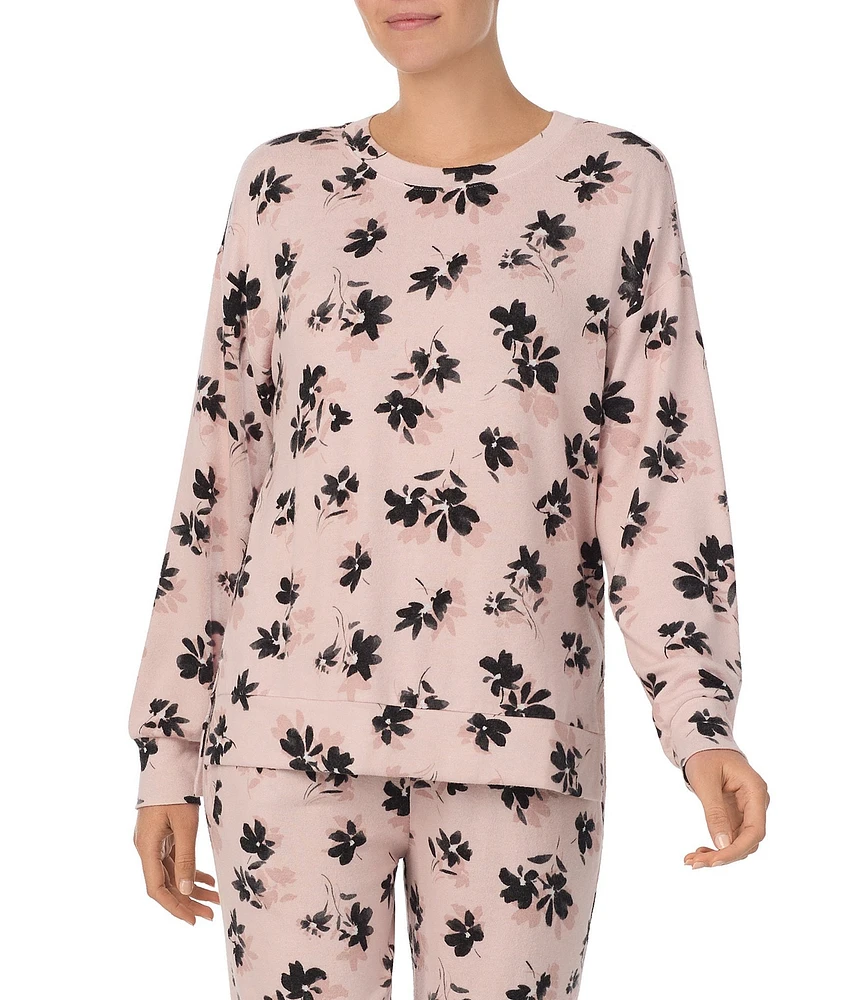 Donna Karan Knit Long Sleeve Round Neck Coordinating Floral Print Lounge Top