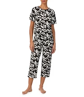 Donna Karan Leaf Print Short Sleeve Boat Neck Knit Coordinating Pajama Top
