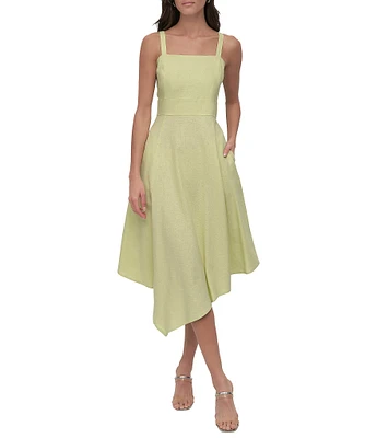 Donna Karan Linen Blend Crew Neck Sleeveless Paneled Blouson Dress