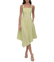 Donna Karan Linen Blend Crew Neck Sleeveless Paneled Blouson Dress