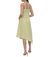 Donna Karan Linen Blend Crew Neck Sleeveless Paneled Blouson Dress