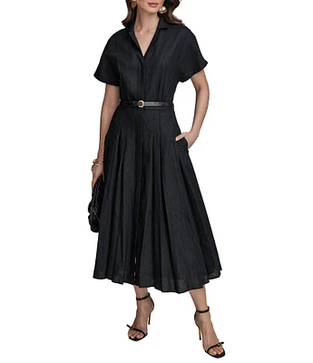 Donna Karan Linen Blend Short Sleeve Belted Midi Shirt Dress