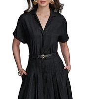 Donna Karan Linen Blend Short Sleeve Belted Midi Shirt Dress