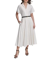 Donna Karan Linen Blend Short Sleeve Belted Midi Shirt Dress