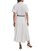 Donna Karan Linen Blend Short Sleeve Belted Midi Shirt Dress