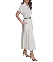 Donna Karan Linen Blend Short Sleeve Belted Midi Shirt Dress