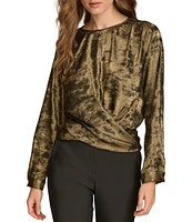 Donna Karan Liquid Foil Crew Neck Long Sleeve Wrap Front Top