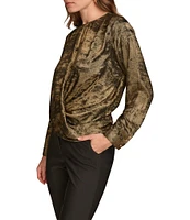 Donna Karan Liquid Foil Crew Neck Long Sleeve Wrap Front Top