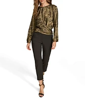 Donna Karan Liquid Foil Crew Neck Long Sleeve Wrap Front Top