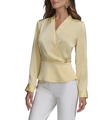 Donna Karan Long Sleeve Faux Wrap Blouse