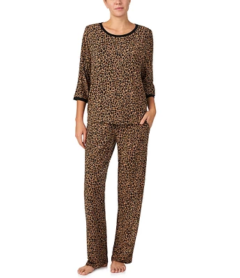 Donna Karan Long Sleeve Round Neck Jersey Knit Animal Print Pajama Set