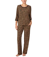 Donna Karan Long Sleeve Round Neck Jersey Knit Animal Print Pajama Set