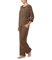 Donna Karan Long Sleeve Round Neck Jersey Knit Animal Print Pajama Set