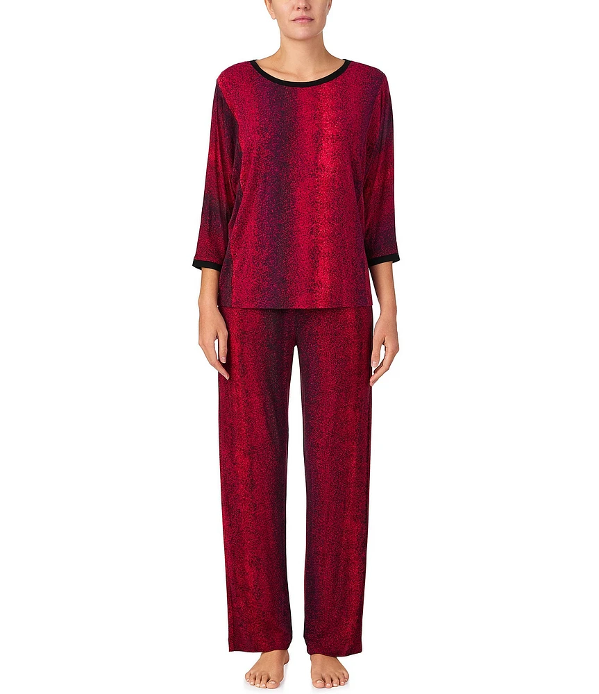 Donna Karan Long Sleeve Round Neck Jersey Knit Dotted Pajama Set