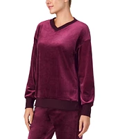 Donna Karan Long Sleeve V-Neck Solid Fleece Coordinating Lounge Top