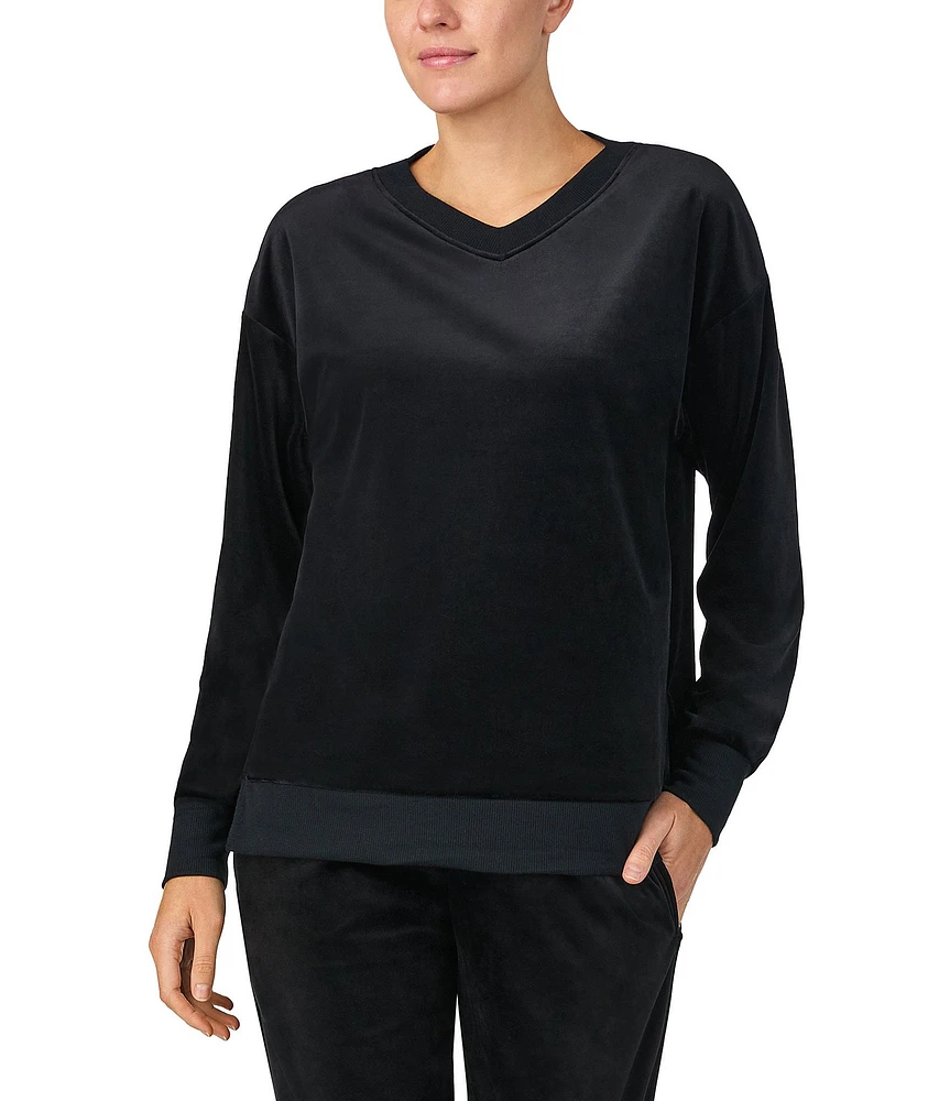 Donna Karan Long Sleeve V-Neck Solid Fleece Coordinating Lounge Top