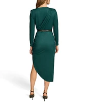 Donna Karan Luxe Suede Boat Neck Long Sleeve Belted Asymmetrical Sheath Dress