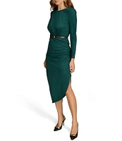 Donna Karan Luxe Suede Boat Neck Long Sleeve Belted Asymmetrical Sheath Dress