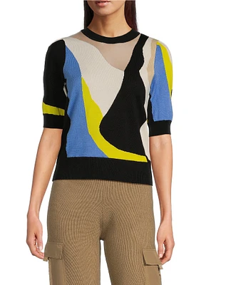 Donna Karan Knit Color-Block Crew Neck Elbow Puff Sleeve Top