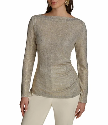 Donna Karan Metallic Foil Boat Neck Long Sleeve Side Ruched Top