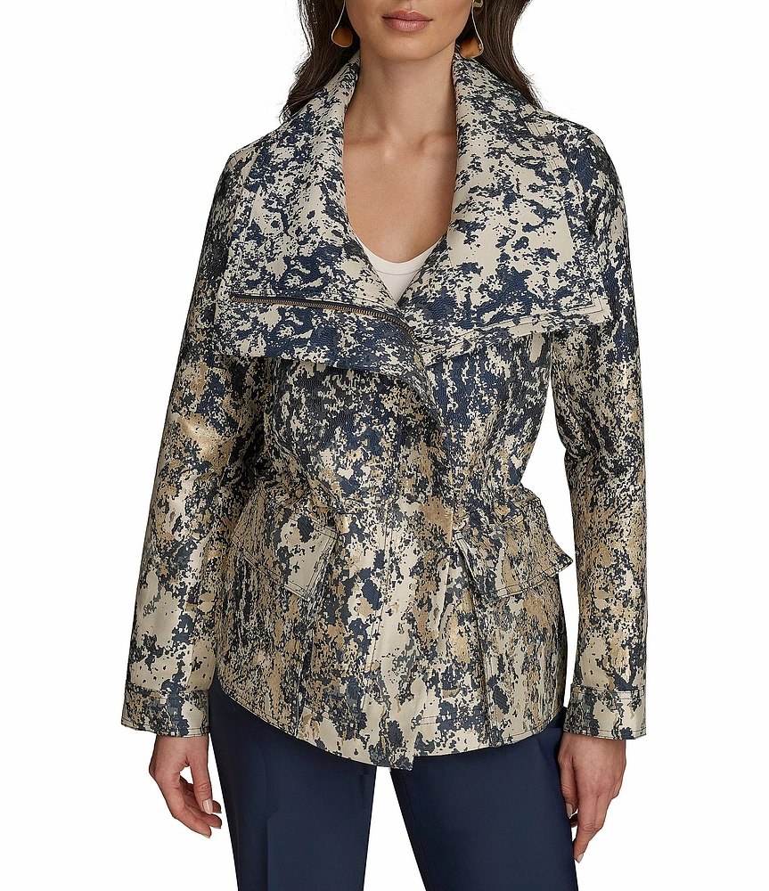 Donna Karan Metallic Jacquard Foldover Collar Elasticized Waist Full Zip Jacket