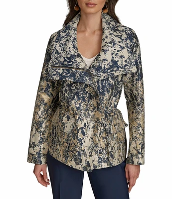 Donna Karan Metallic Jacquard Foldover Collar Elasticized Waist Full Zip Jacket
