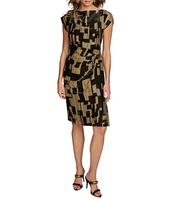 Donna Karan Metallic Velvet Boat Neck Cap Sleeve Sheath Dress