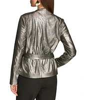 Donna Karan Metallic Wide Notch Lapel Long Sleeve Belted Jacket