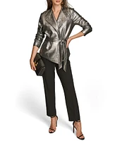 Donna Karan Metallic Wide Notch Lapel Long Sleeve Belted Jacket