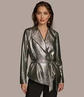 Donna Karan Metallic Wide Notch Lapel Long Sleeve Belted Jacket