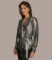 Donna Karan Metallic Wide Notch Lapel Long Sleeve Belted Jacket