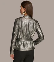 Donna Karan Metallic Wide Notch Lapel Long Sleeve Belted Jacket