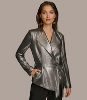 Donna Karan Metallic Wide Notch Lapel Long Sleeve Belted Jacket