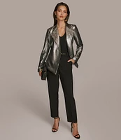 Donna Karan Metallic Wide Notch Lapel Long Sleeve Belted Jacket