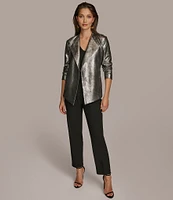 Donna Karan Metallic Wide Notch Lapel Long Sleeve Belted Jacket