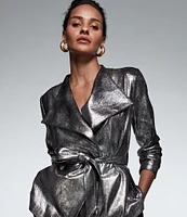 Donna Karan Metallic Wide Notch Lapel Long Sleeve Belted Jacket