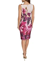 Donna Karan Mikado Sleeveless Boat Neck Floral Print Sheath Dress